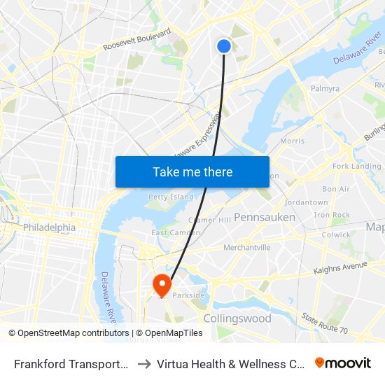 Frankford Transportation Center to Virtua Health & Wellness Center - Camden map