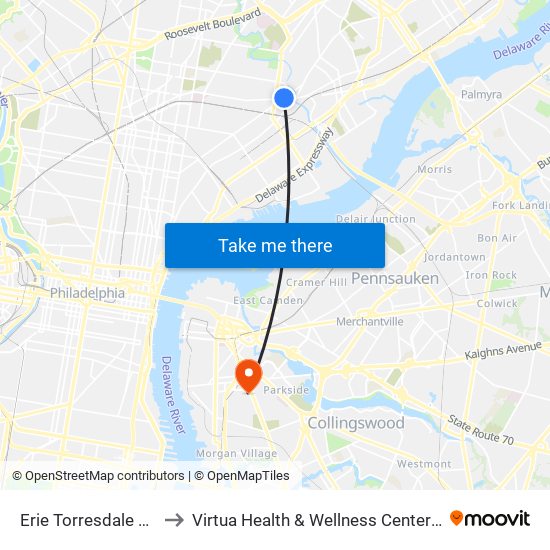 Erie Torresdale Station to Virtua Health & Wellness Center - Camden map