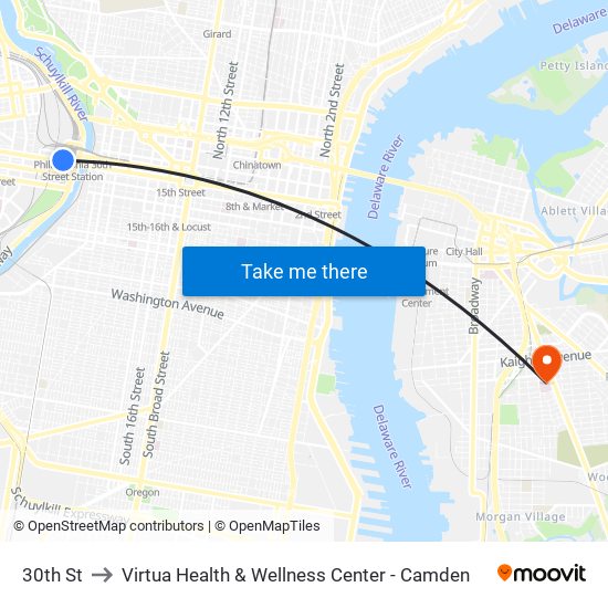 30th St to Virtua Health & Wellness Center - Camden map