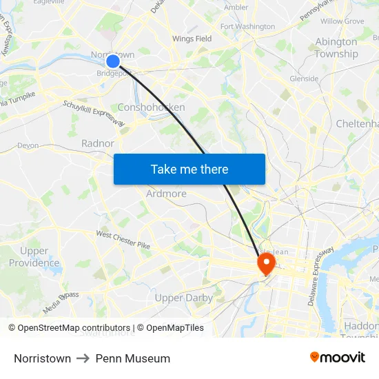 Norristown to Penn Museum map