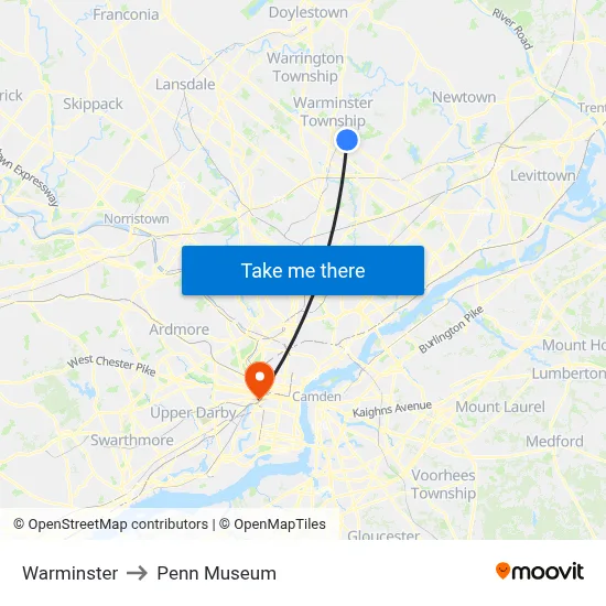 Warminster to Penn Museum map