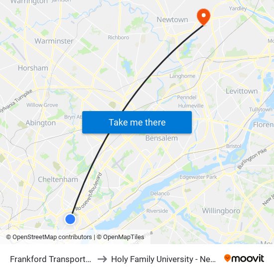 Frankford Transportation Center to Holy Family University - Newtown Campus map