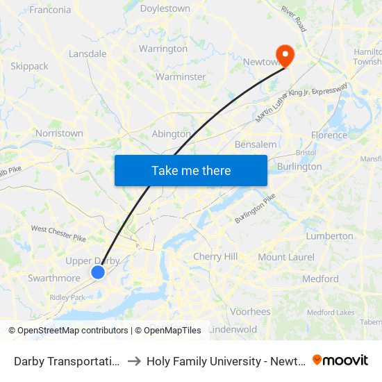 Darby Transportation Center to Holy Family University - Newtown Campus map