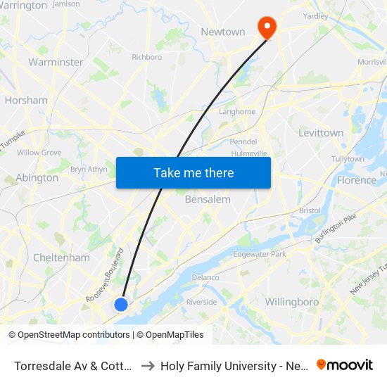 Torresdale Av & Cottman Av Loop to Holy Family University - Newtown Campus map