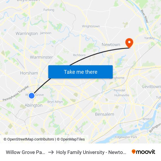 Willow Grove Park Mall to Holy Family University - Newtown Campus map
