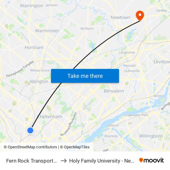 Fern Rock Transportation Center to Holy Family University - Newtown Campus map