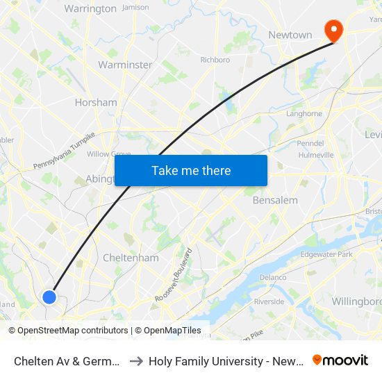 Chelten Av & Germantown Av to Holy Family University - Newtown Campus map