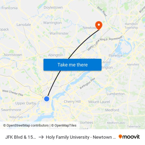 JFK Blvd & 15th St to Holy Family University - Newtown Campus map