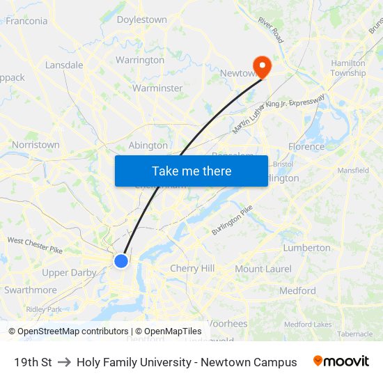 19th St to Holy Family University - Newtown Campus map