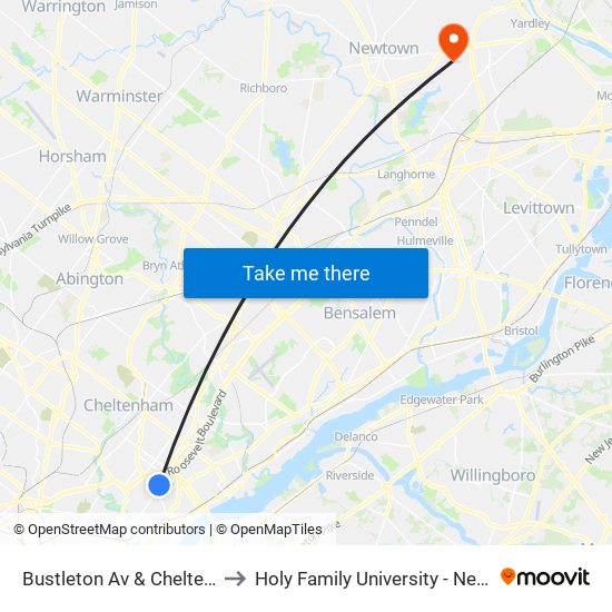 Bustleton Av & Cheltenham Av - Fs to Holy Family University - Newtown Campus map