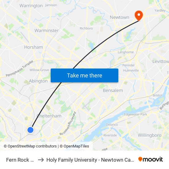Fern Rock T C to Holy Family University - Newtown Campus map