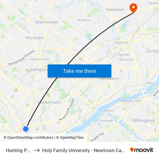 Hunting Park to Holy Family University - Newtown Campus map
