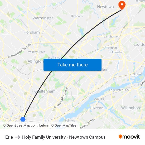 Erie to Holy Family University - Newtown Campus map