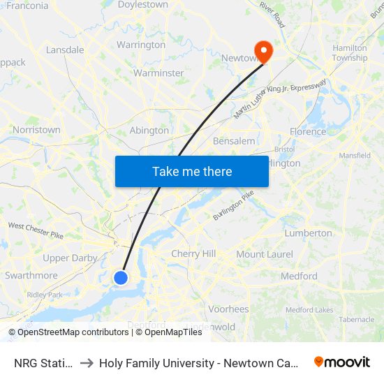 NRG Station to Holy Family University - Newtown Campus map