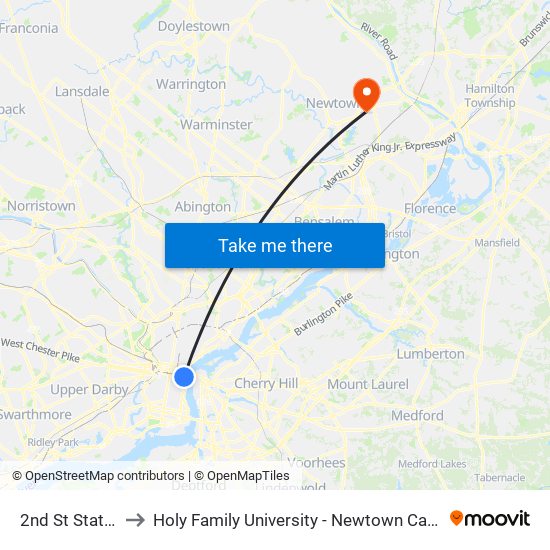 2nd St Station to Holy Family University - Newtown Campus map