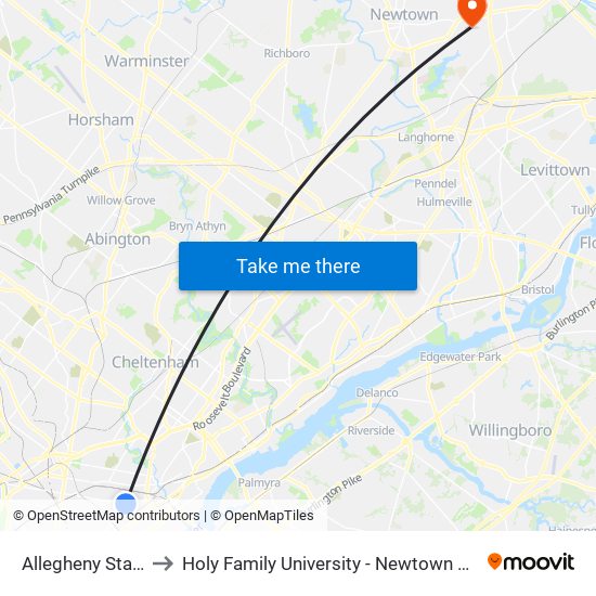 Allegheny Station to Holy Family University - Newtown Campus map