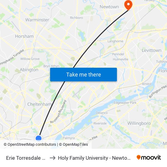 Erie Torresdale Station to Holy Family University - Newtown Campus map