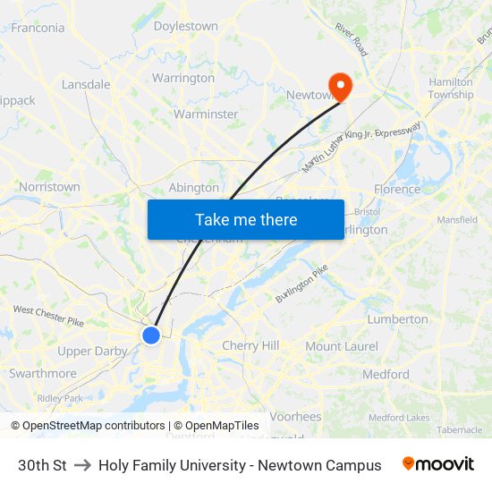 30th St to Holy Family University - Newtown Campus map