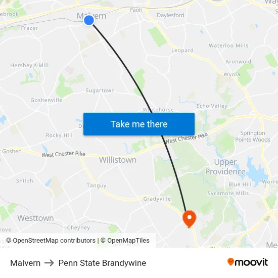 Malvern to Penn State Brandywine map