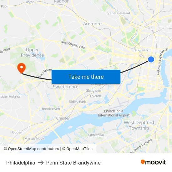 Philadelphia to Penn State Brandywine map