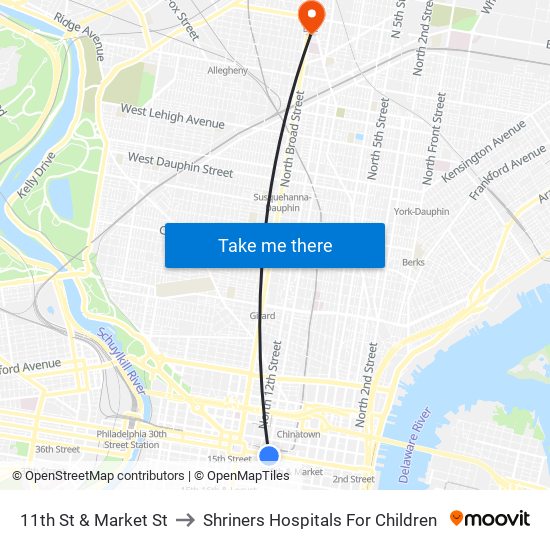 11th St & Market St to Shriners Hospitals For Children map