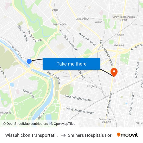 Wissahickon Transit Center to Shriners Hospitals For Children map