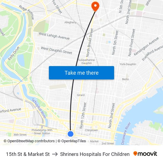 15th St & Market St to Shriners Hospitals For Children map