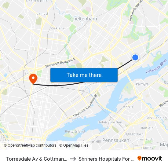 Torresdale Av & Cottman Av Loop to Shriners Hospitals For Children map