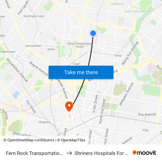 Fern Rock Transportation Center to Shriners Hospitals For Children map