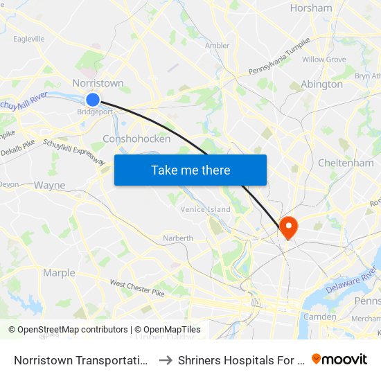 Norristown Transportation Center to Shriners Hospitals For Children map