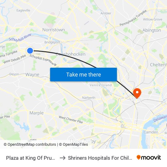 Plaza at King Of Prussia to Shriners Hospitals For Children map