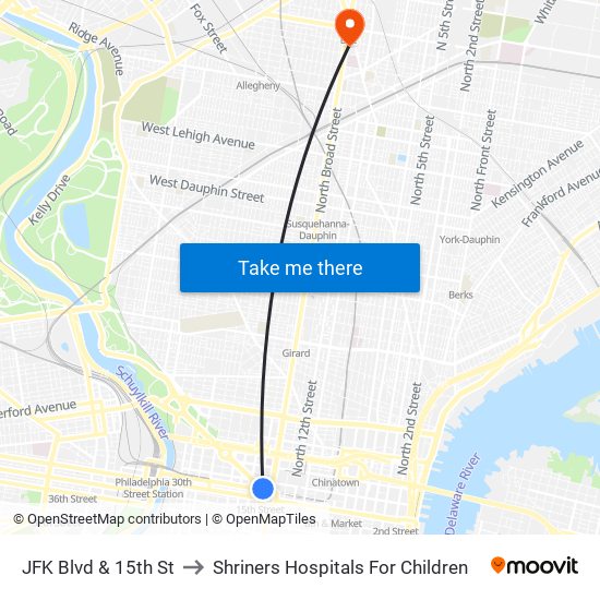 JFK Blvd & 15th St to Shriners Hospitals For Children map