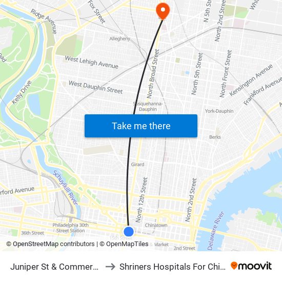 Juniper St & Commerce St to Shriners Hospitals For Children map