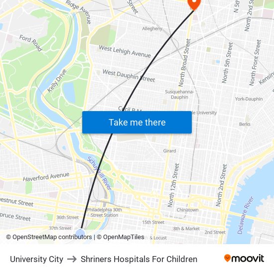 University City to Shriners Hospitals For Children map