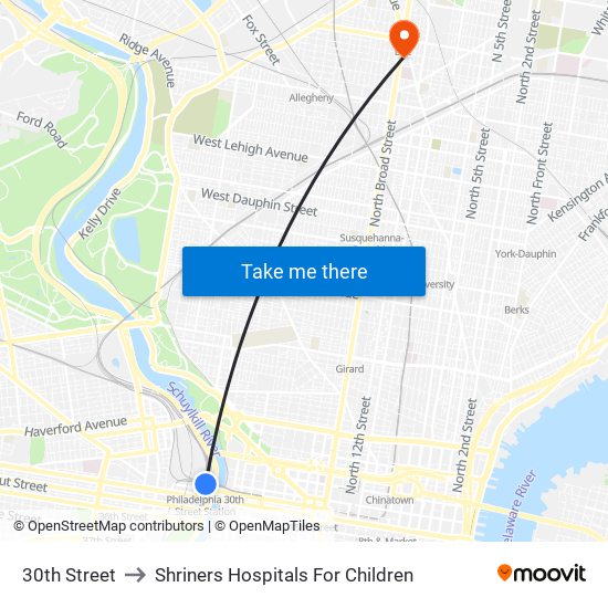 30th Street to Shriners Hospitals For Children map