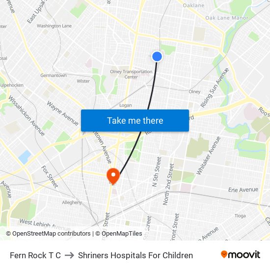 Fern Rock T C to Shriners Hospitals For Children map