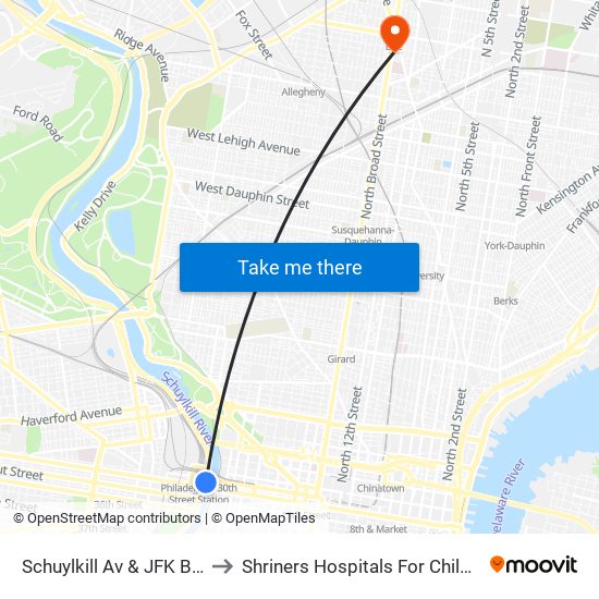 Schuylkill Av & JFK Blvd to Shriners Hospitals For Children map