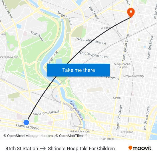 46th St Station to Shriners Hospitals For Children map