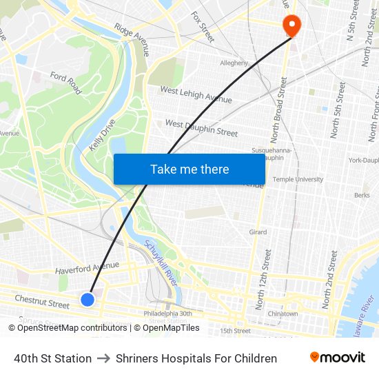 40th St Station to Shriners Hospitals For Children map