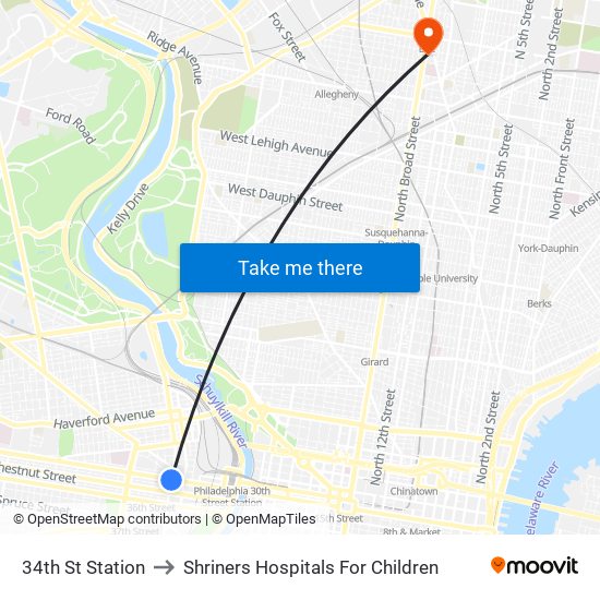 34th St Station to Shriners Hospitals For Children map