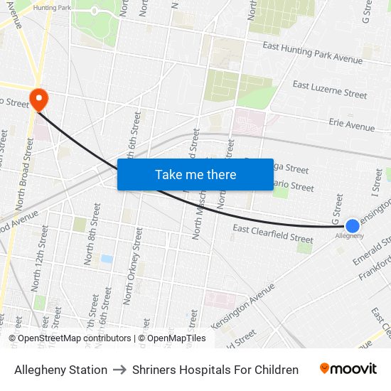 Allegheny Station to Shriners Hospitals For Children map