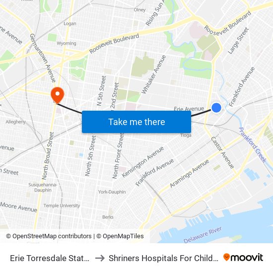 Erie Torresdale Station to Shriners Hospitals For Children map