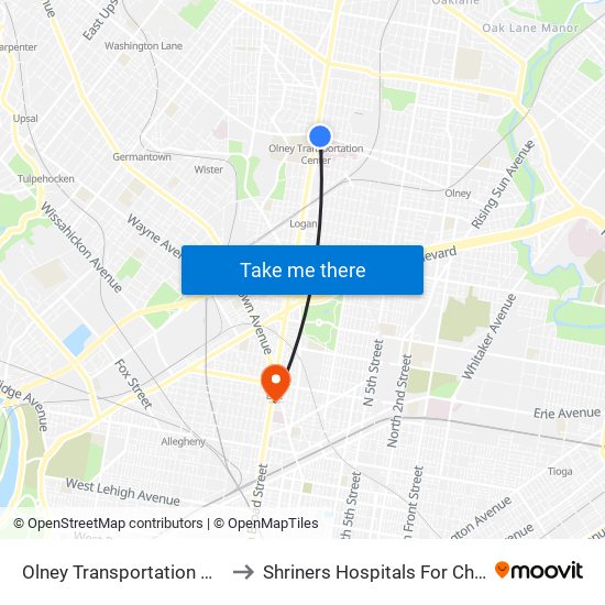 Olney Transportation Center to Shriners Hospitals For Children map