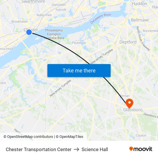 Chester Transportation Center to Science Hall map