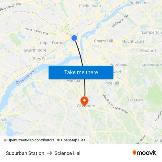 Suburban Station to Science Hall map