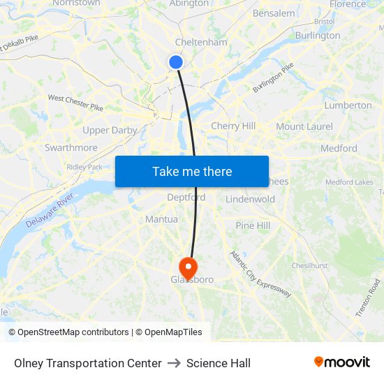 Olney Transportation Center to Science Hall map