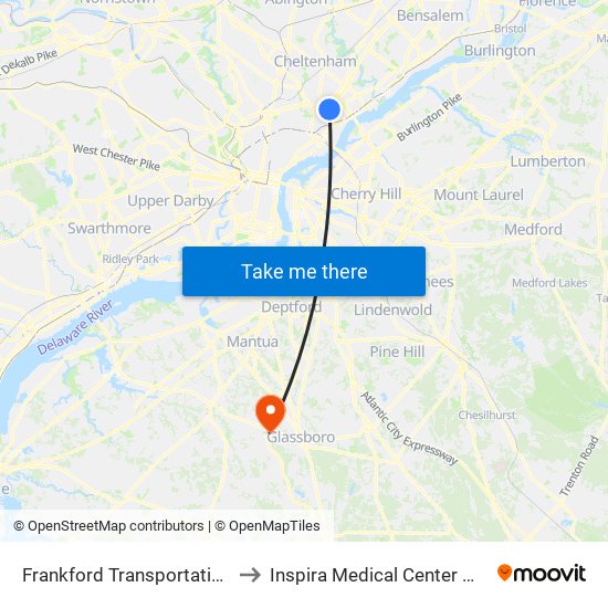 Frankford Transportation Center to Inspira Medical Center Mullica Hill map