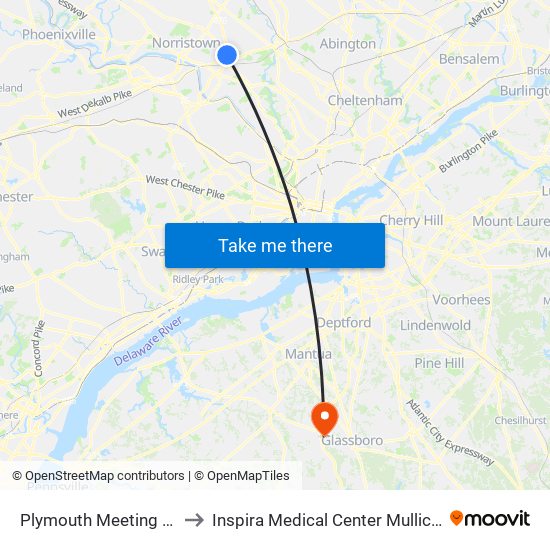 Plymouth Meeting Mall to Inspira Medical Center Mullica Hill map