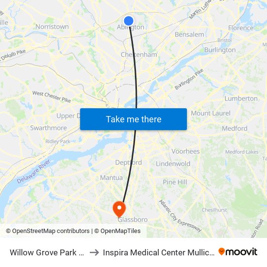 Willow Grove Park Mall to Inspira Medical Center Mullica Hill map