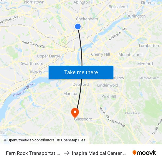 Fern Rock Transit Center to Inspira Medical Center Mullica Hill map